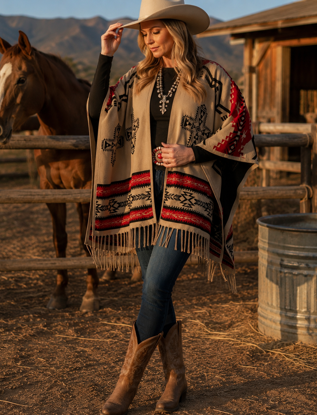 Southwest Reversible Shawl Wrap - Red/Tan/Black, front view