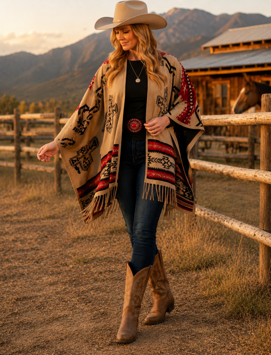 Southwest Reversible Shawl Wrap - Red/Tan/Black, alternate view