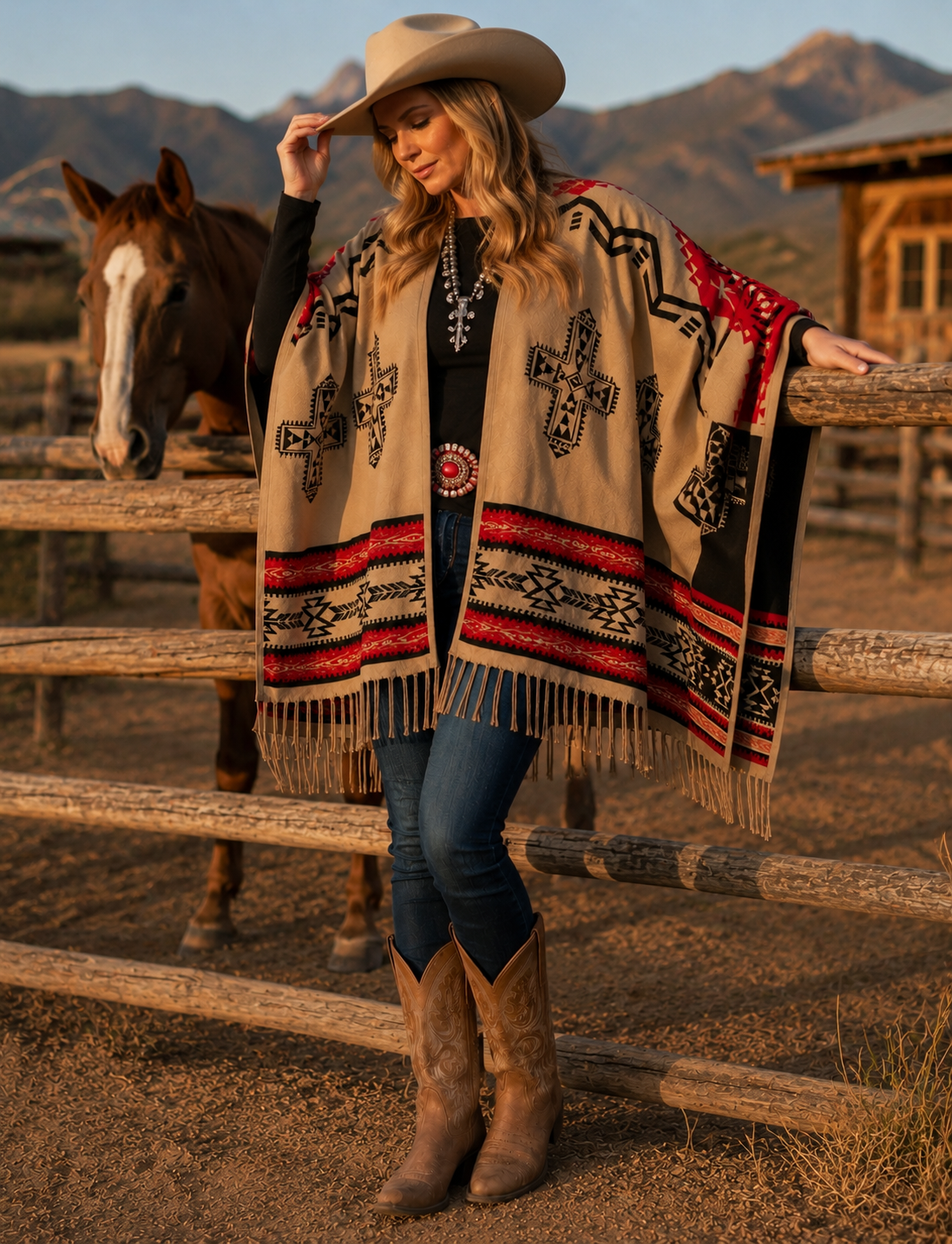 Southwest Reversible Shawl Wrap - Red/Tan/Black, lifestyle view
