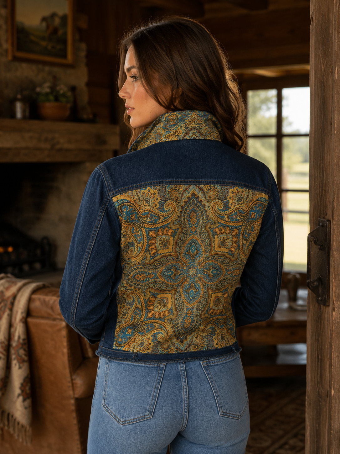 The Dark Denim Jacket / Old World Paisley, side view