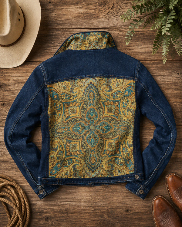 The Dark Denim Jacket / Old World Paisley, lifestyle view