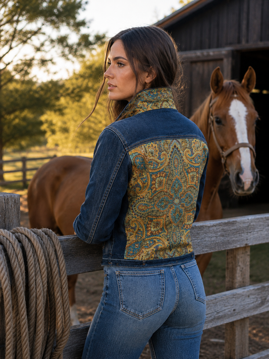 The Dark Denim Jacket / Old World Paisley, front view