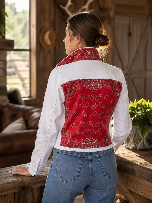 The White Denim Jacket / Western Paisley Red, front view