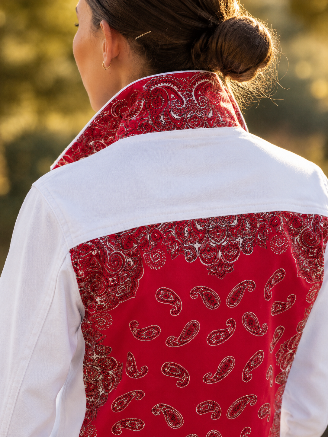 The White Denim Jacket / Western Paisley Red, detail view