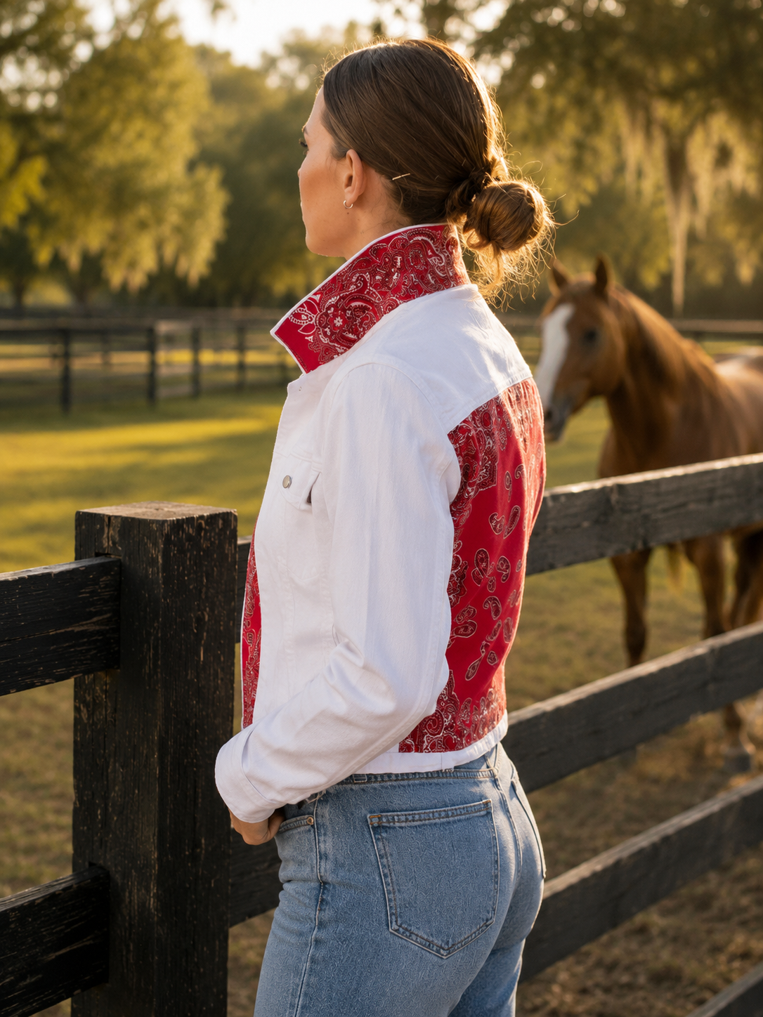 The White Denim Jacket / Western Paisley Red, side view