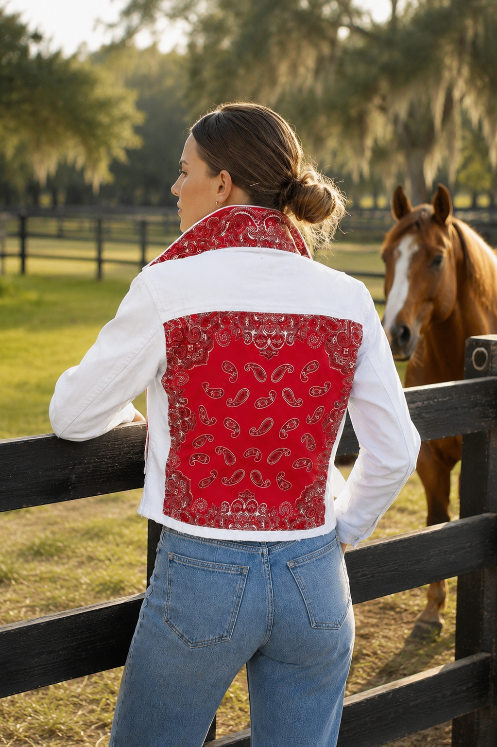 The White Denim Jacket / Western Paisley Red, lifestyle view
