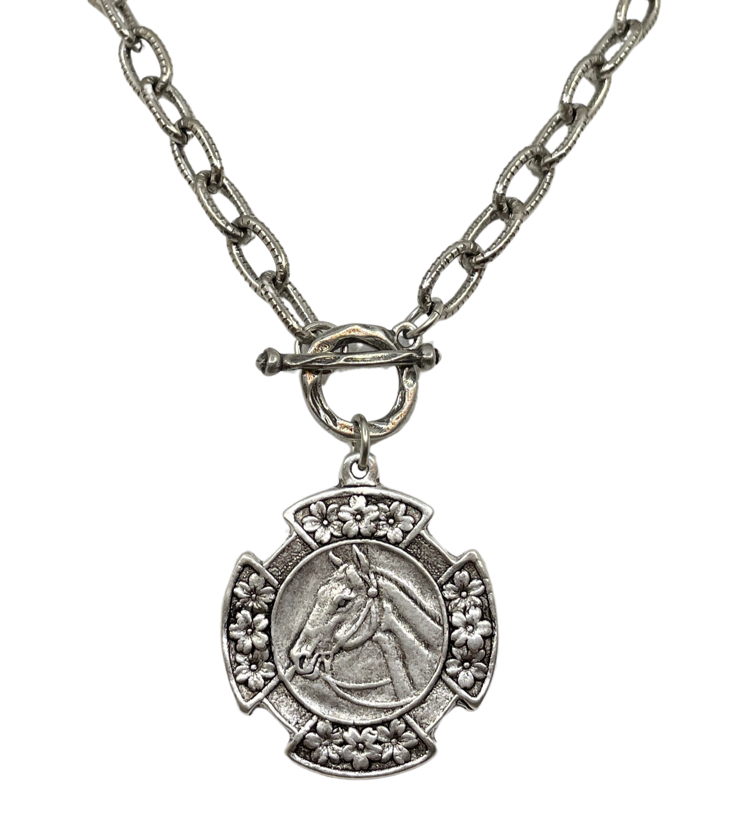 Vintage Silver 18" Chain and Toggle With Reproduction Silver Horse Flower Pendant, front view
