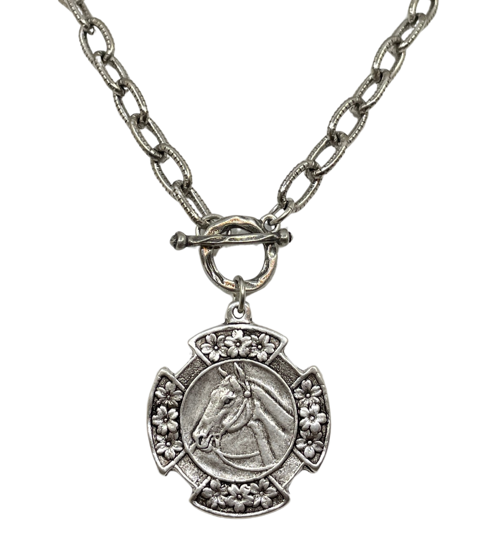 Vintage Silver 18" Chain and Toggle With Reproduction Silver Horse Flower Pendant, front view