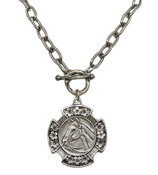 Vintage Silver 18" Chain and Toggle With Reproduction Silver Horse Flower Pendant, front view