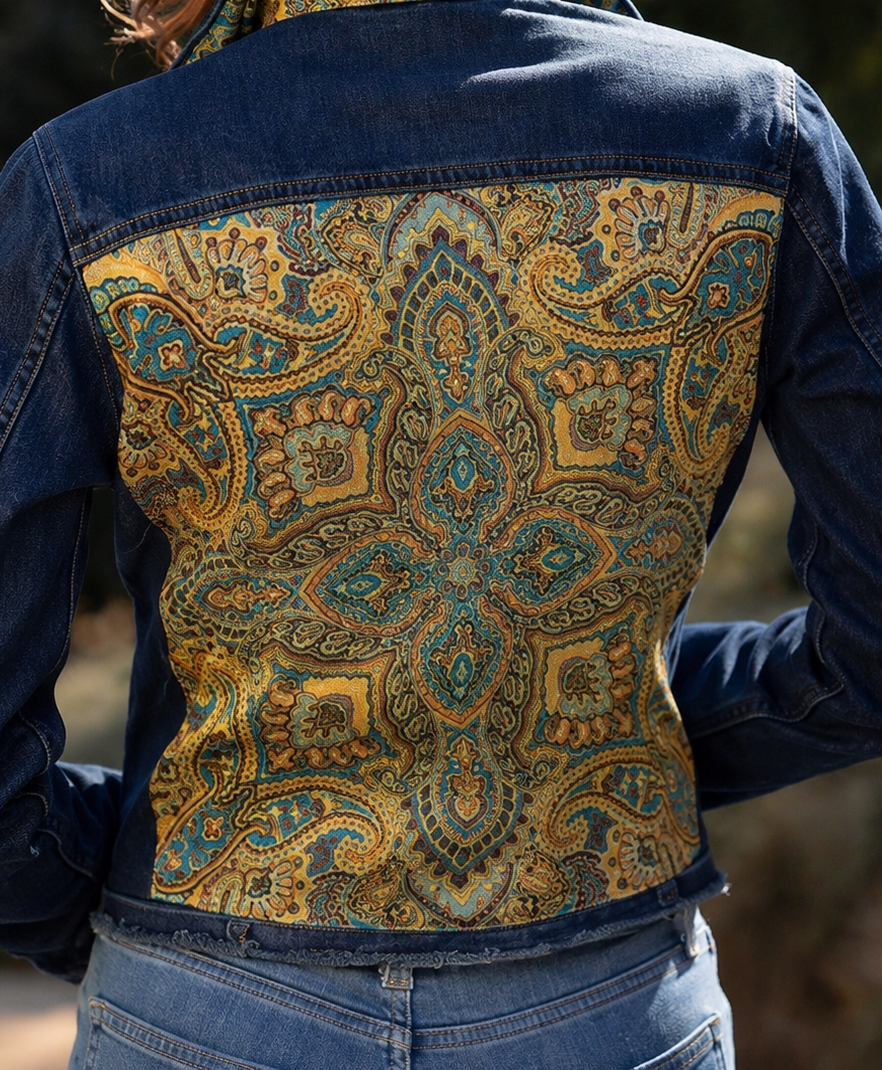 The Dark Denim Jacket / Old World Paisley, detail view