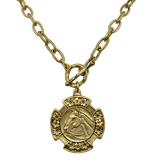 Vintage Gold 18" Chain And Toggle With Reproduction Gold Horse Flower Pendant, front view
