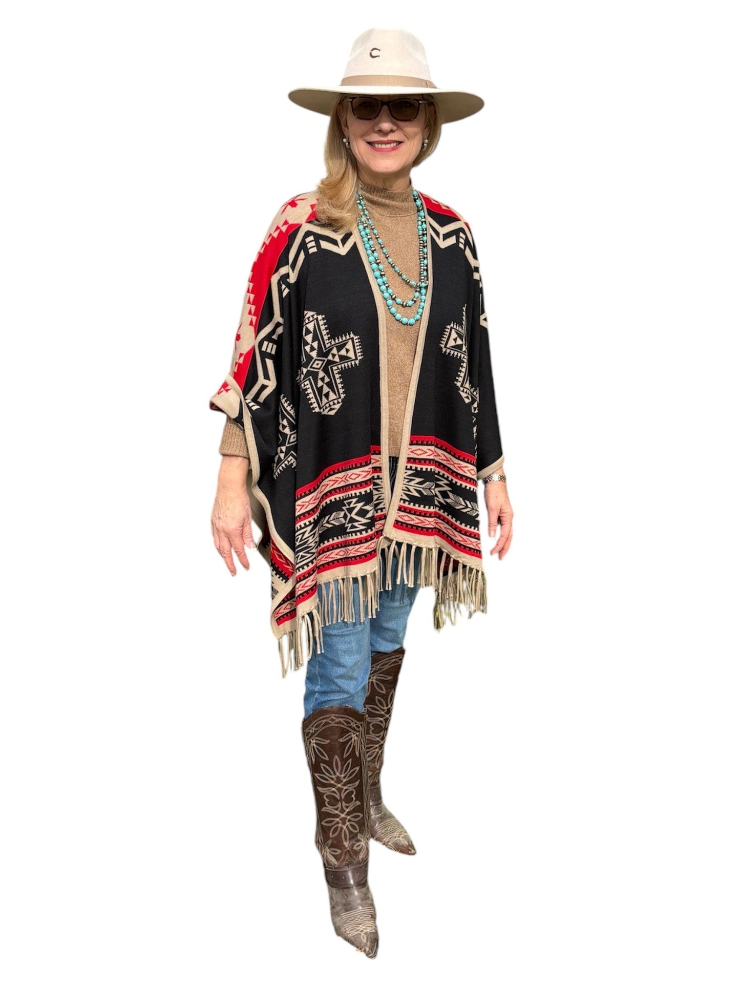Southwest Reversible Shawl Wrap - Red/Tan/Black, additional view