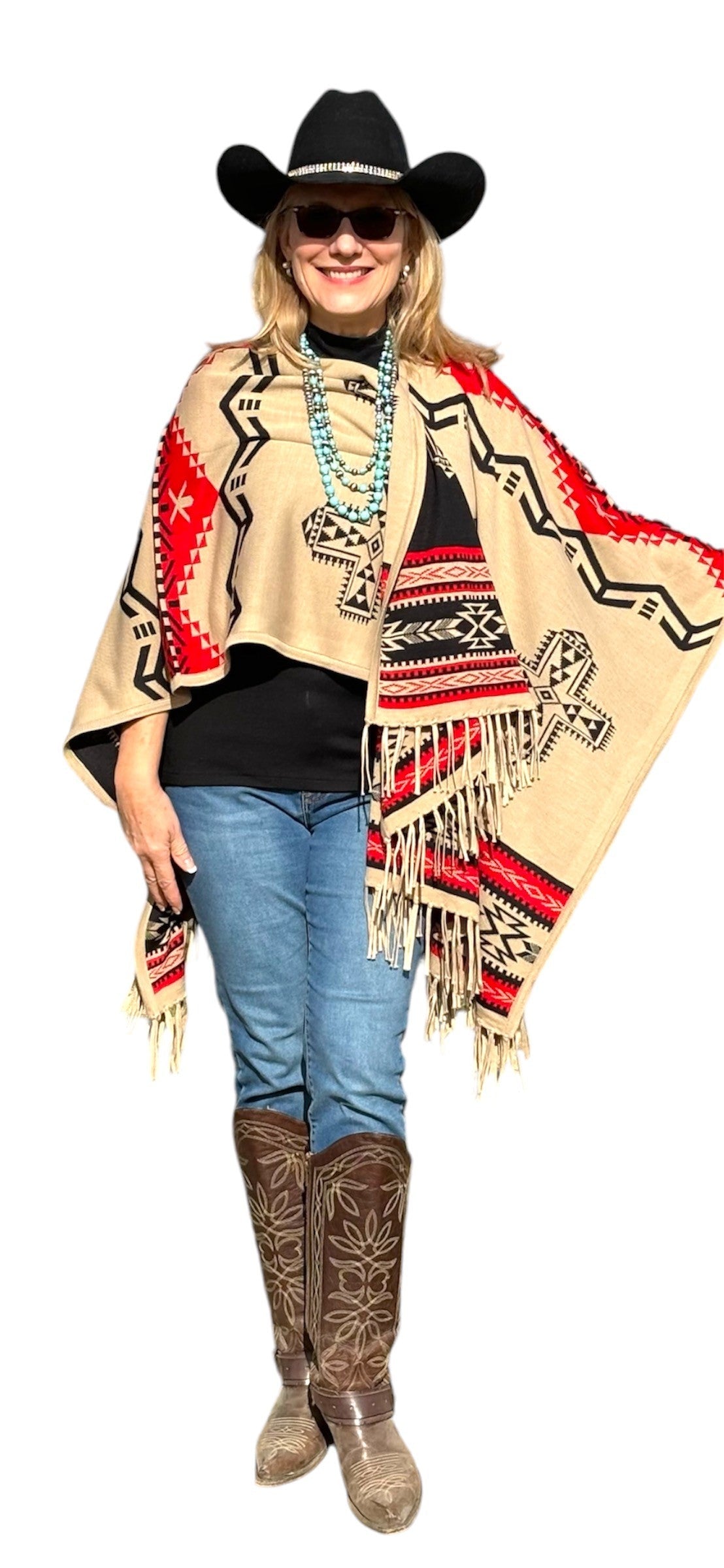 Southwest Reversible Shawl Wrap - Red/Tan/Black, product detail view