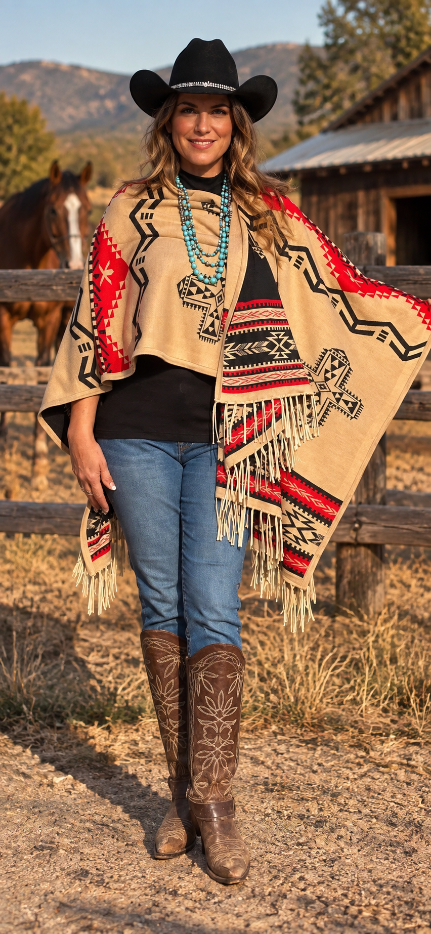Southwest Reversible Shawl Wrap - Red/Tan/Black