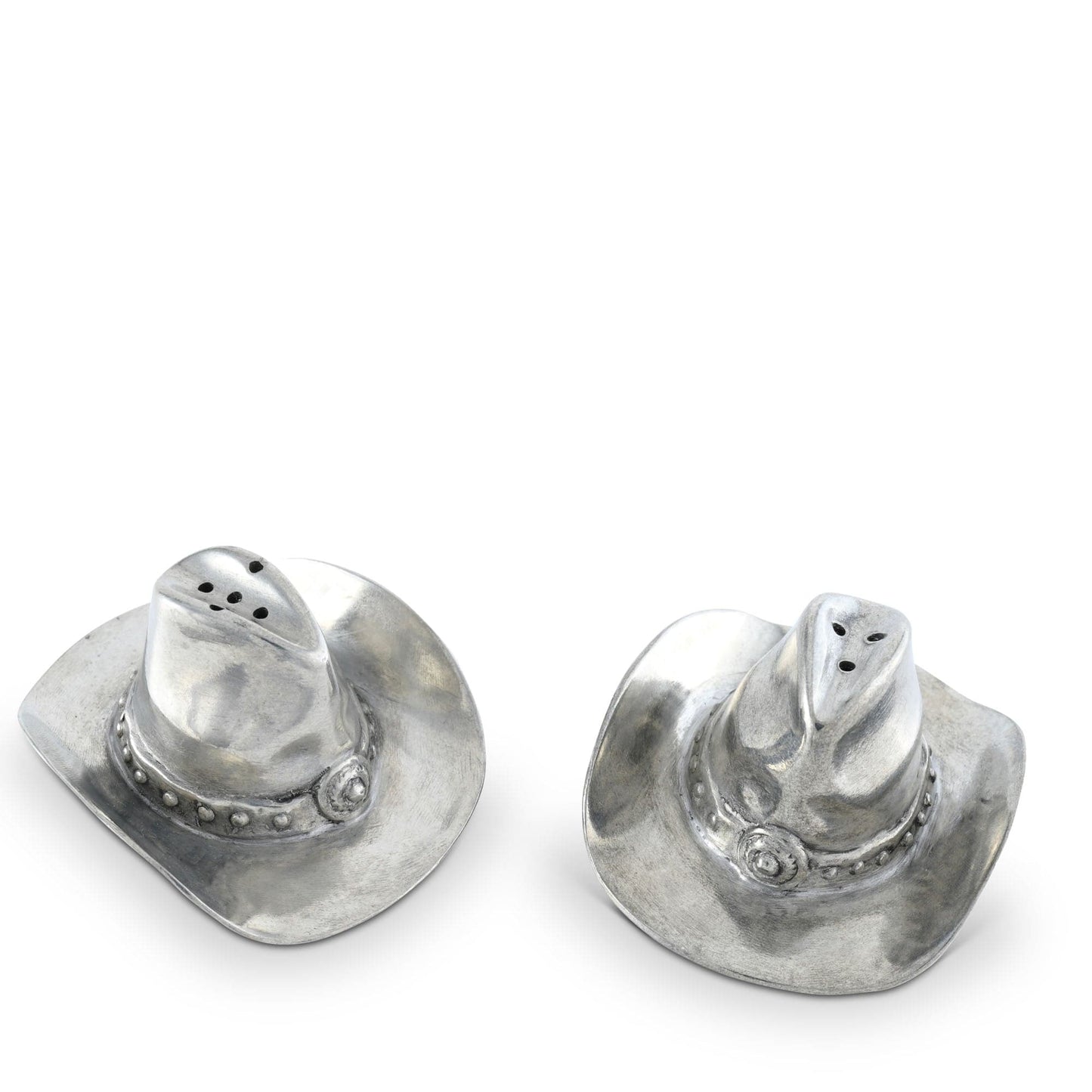 Pewter Cowboy Hat Salt & Pepper Set, close-up view