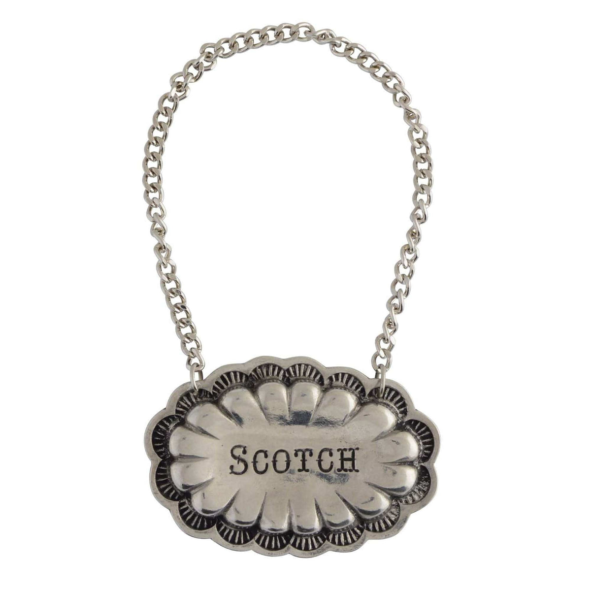 Pewter Western Decanter Tags, close-up view