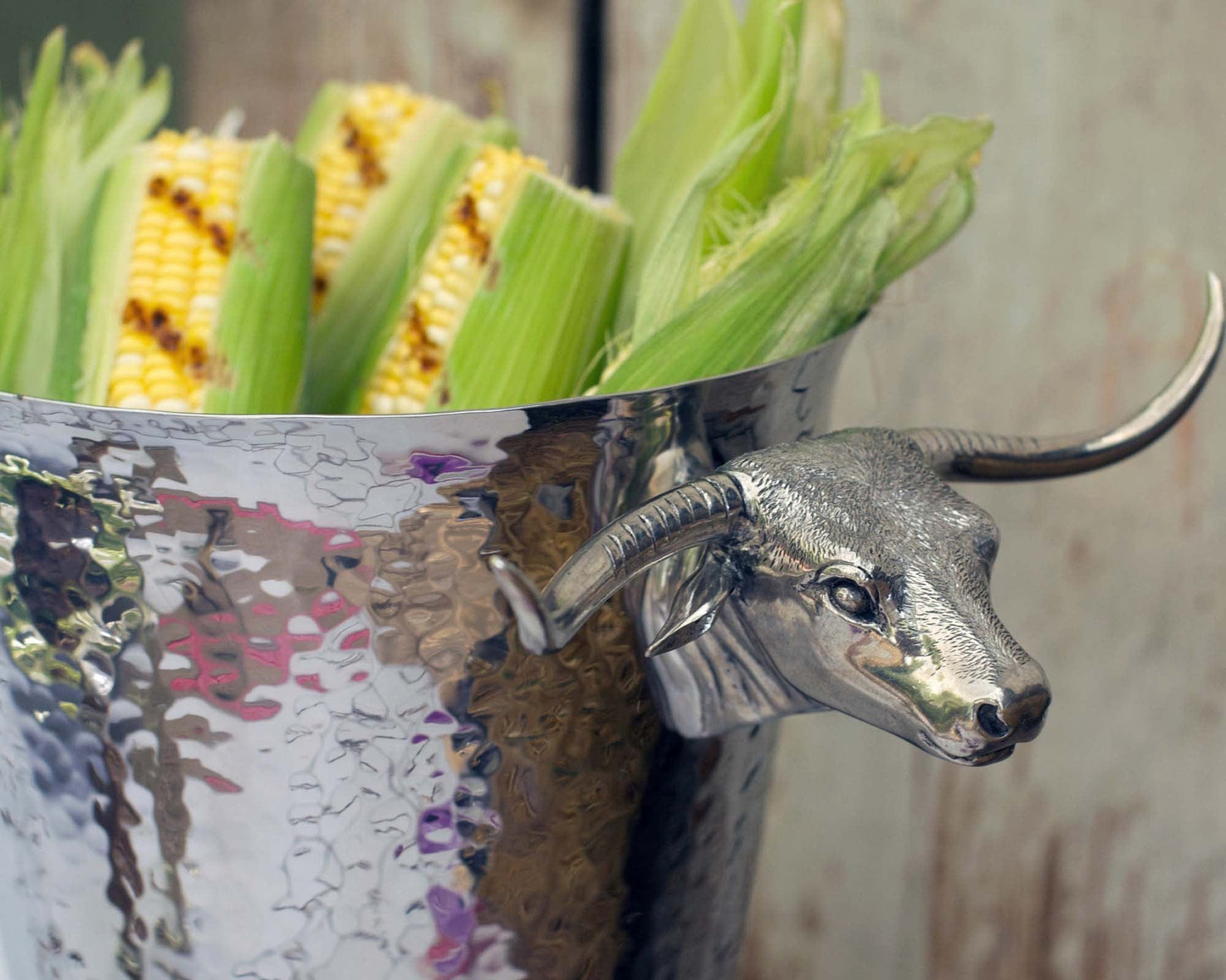 Steel Ice Bucket with Long Horn Steer Handles, alternate view